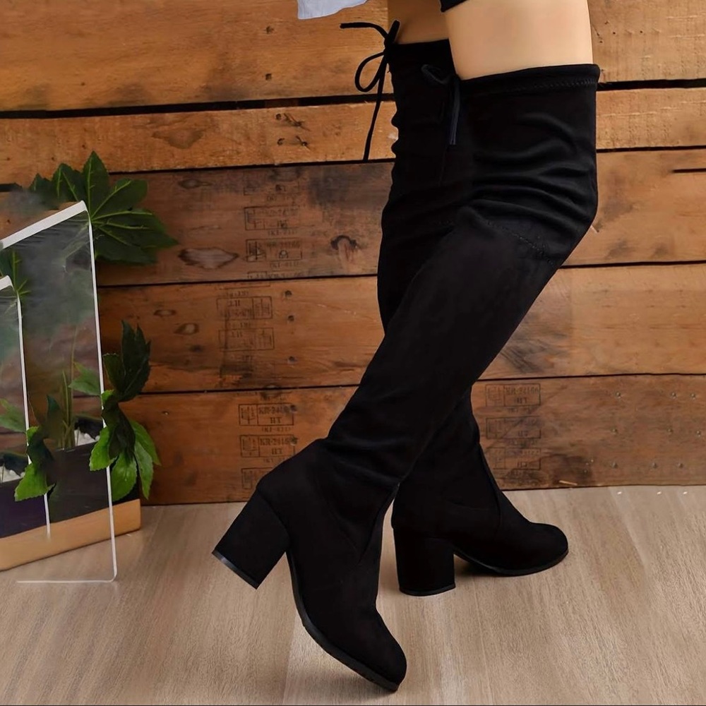 Black Knee High Tie Back Boots